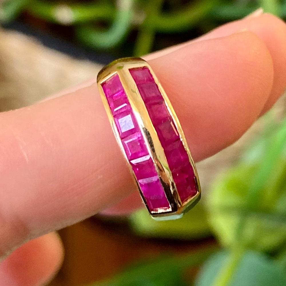 14k yellow Gold Band Ring with Pink red Channel-Set natural rubies